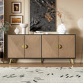 WASAGA Buffet avec Texture en Relief 160 cm, Armoire avec Quatre Portes Poignées Brossées Dorées et Pieds de Table Brillants Noir + Bois