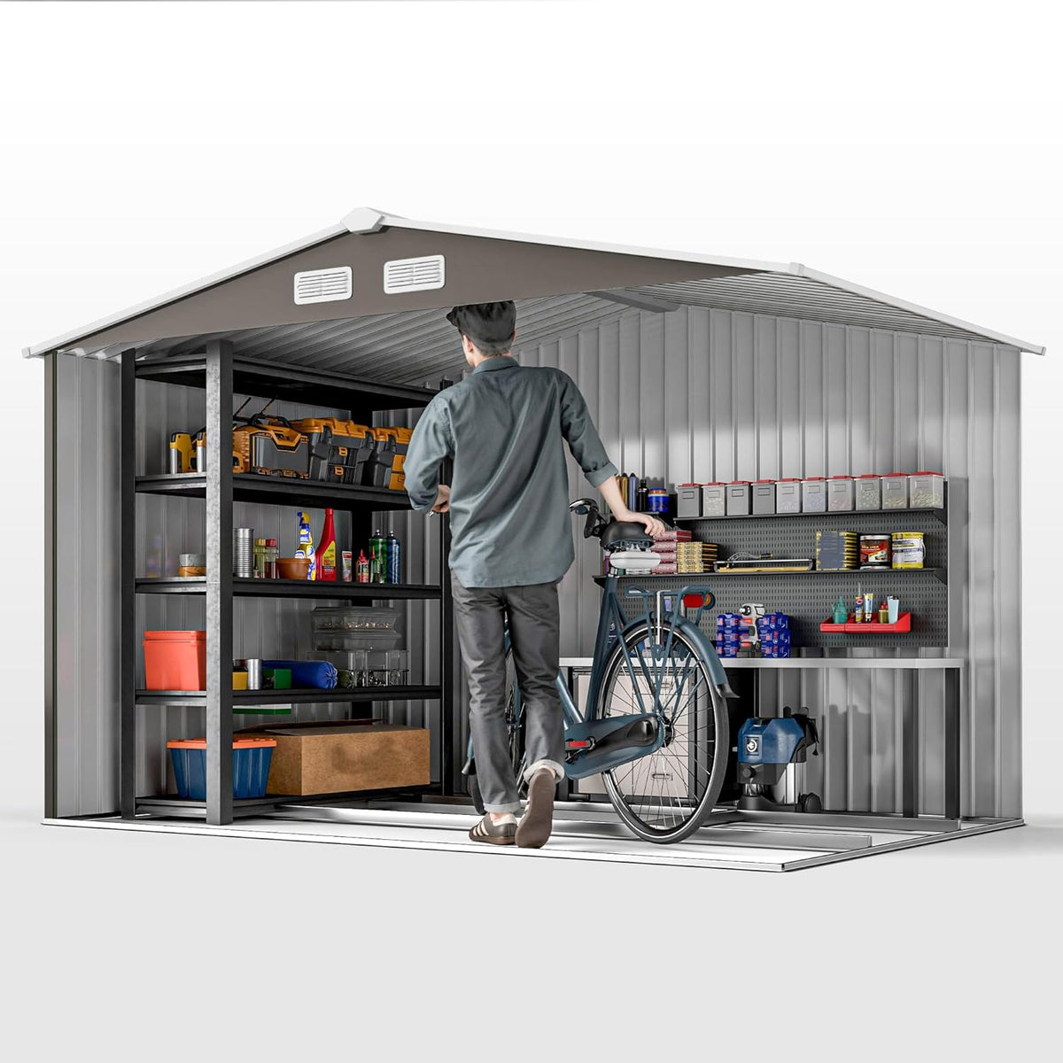 Outsunny Abri de Jardin en métal 5,4 m² cabane de Jardin 277 x 195 x 192 cm cabanon Rangement Outils avec kit de Fondation, Porte coulissante verrouillables et 4 aérations - Gris