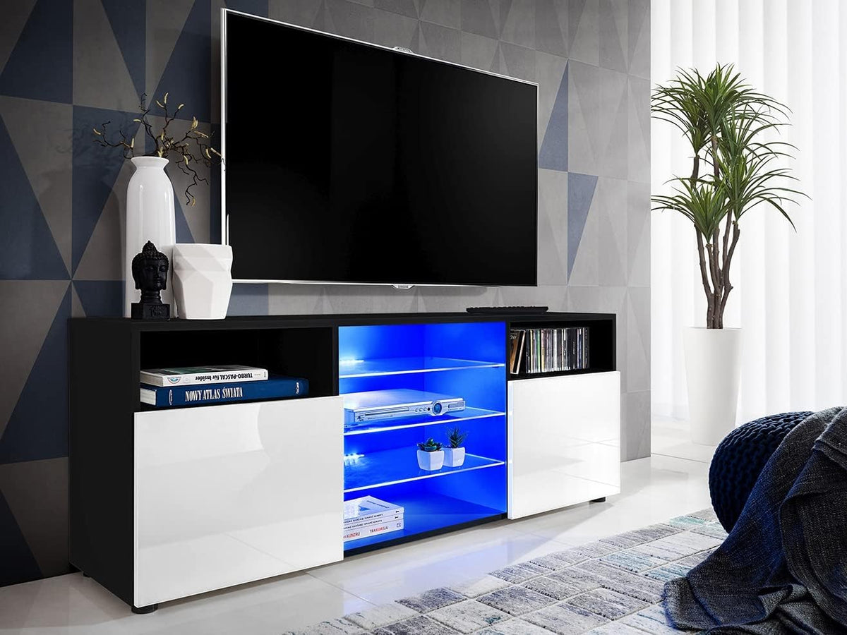 Komodee, Meuble Banc TV Urbino, Noir Blanc, Largeur 140cm x Hauteur 53cm x Profondeur 35cm, sans LED, pour Salon, Chambre