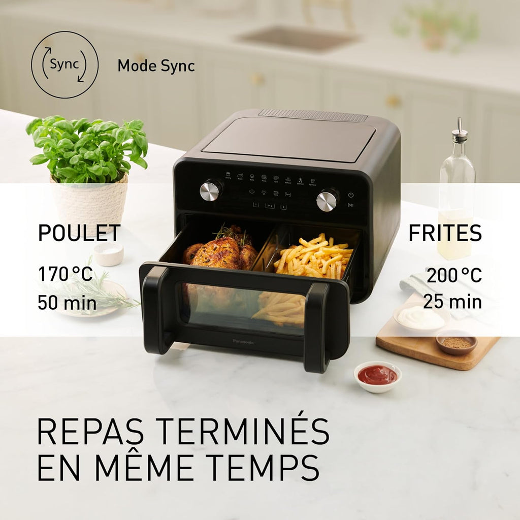 Panasonic NF-BC1000 Friteuse à Air Flexible avec Fenêtre, XL Panier Flexible, Séparateur Amovible, 9,6L, 30°-230C, Vapeur Douce, 8 Préréglages, Nettoyage Facile, Noir