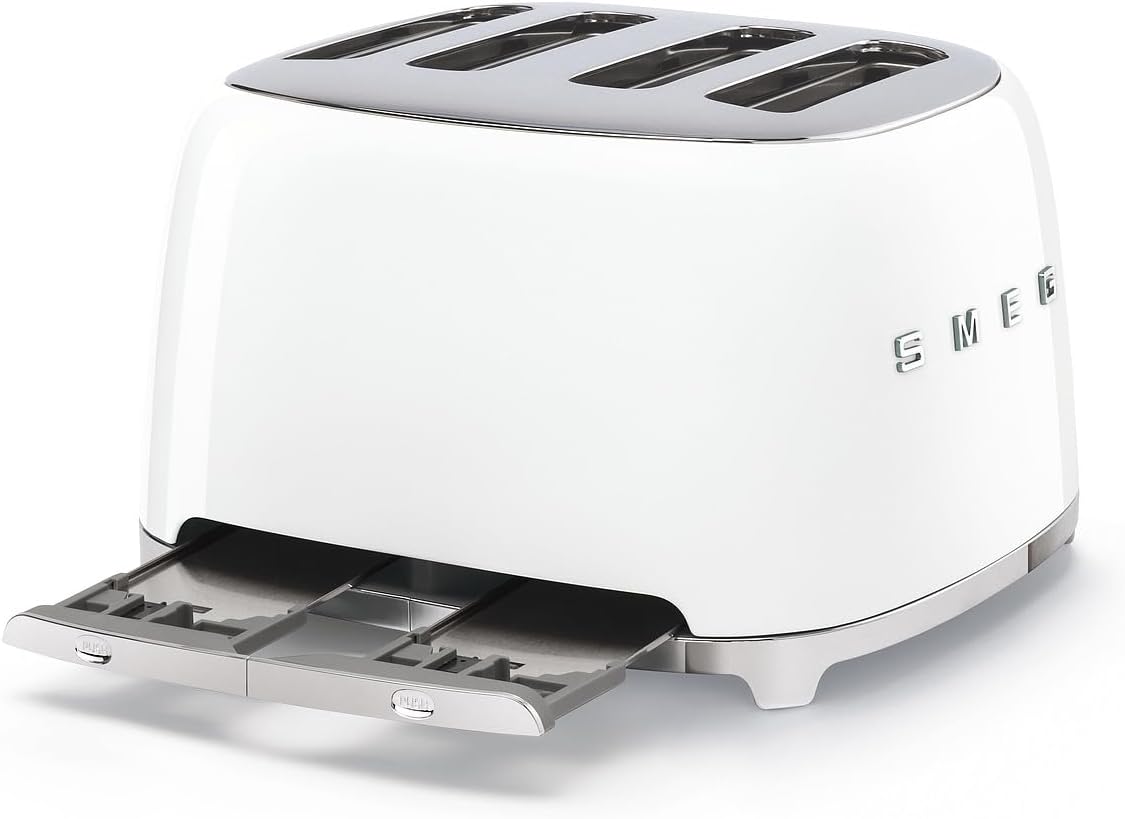 Smeg, Grille-pain 4 Tranches TSF03WHEU, 4 Fentes 36 mm, 6 Niveaux de Brunissage, Fonction Chauffage, Décongélation et Bagel, Éjection Automatique du Pain, 2 Ramasse Miettes, 2000 W, Blanc