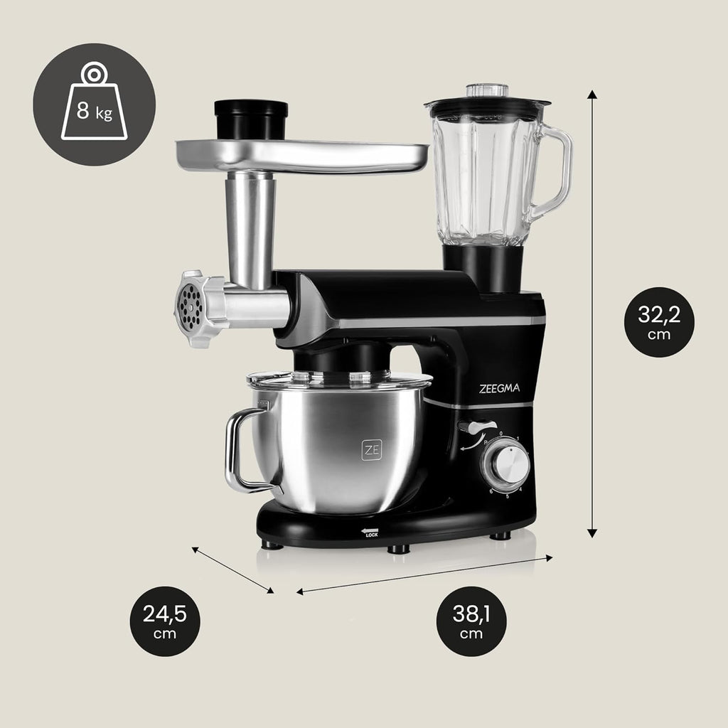 ZEEGMA PLANEET MULTI Robot Planétaire 1900W 3-in-1, Robot de Cuisine Multifonction avec bol de 6,2 L, Poignée et Couvercle, Gobelet Mixeur, Hachoir 6 Vitesses