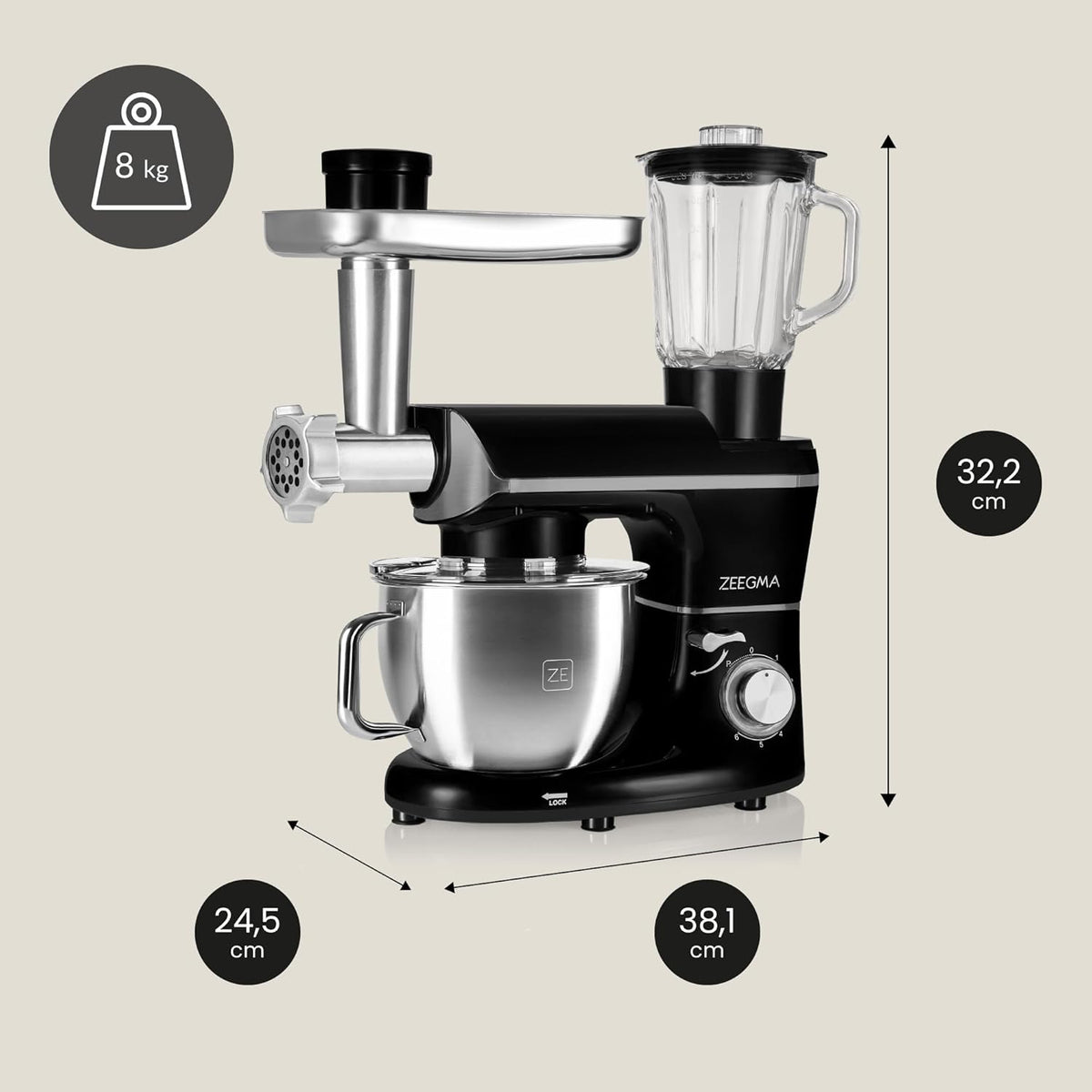 ZEEGMA PLANEET MULTI Robot Planétaire 1900W 3-in-1, Robot de Cuisine Multifonction avec bol de 6,2 L, Poignée et Couvercle, Gobelet Mixeur, Hachoir 6 Vitesses
