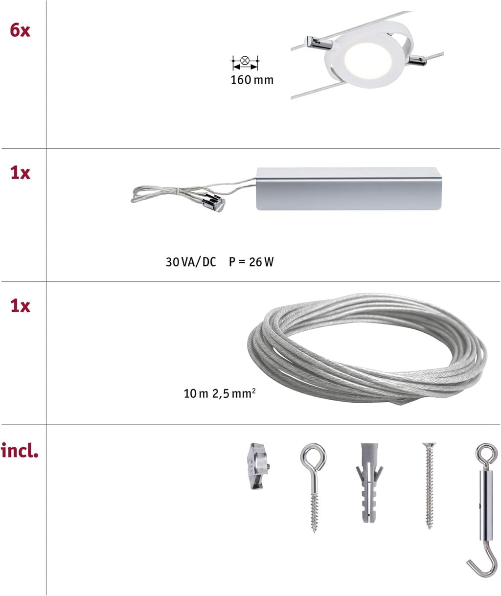 Paulmann 94106 SystÃsme de câbles CC RoundMac LED 6x4W, Blanc mat, 230/12V CC, 36VA, Métal