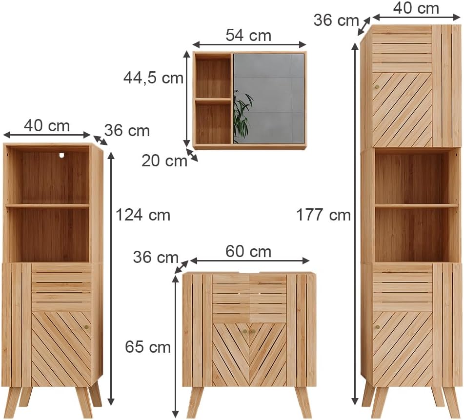 Vicco Ensemble de Meubles de Salle de Bains Lucie, Bambou, 4 pièces, avec Armoire de Milieu et Armoire Haute