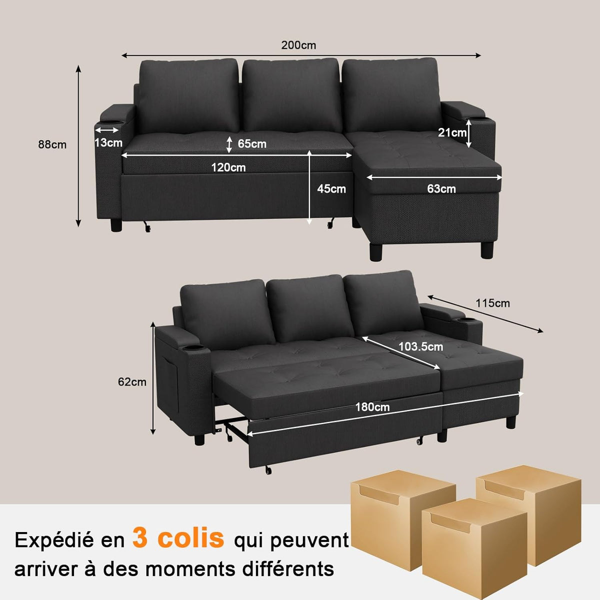 Devoko Canapé d'angle Convertible Modulaire 3 Places en L - Canapé-Lit avec Chaise Longue, Rangement Intégré et Porte-Gobelets - Design Moderne pour Salon, Anthracite (Gris)