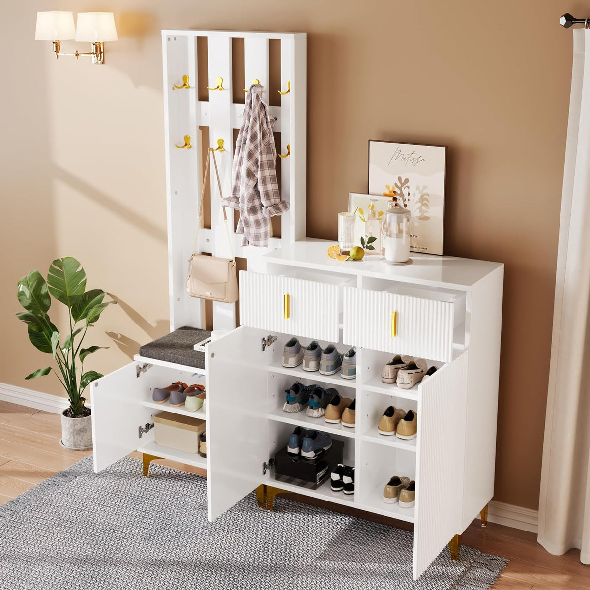 Merax Ensembles de Meubles pour Entrée, Moderne Meuble Entree Couloir avec Meuble à Chaussures et Coussins, Blanc