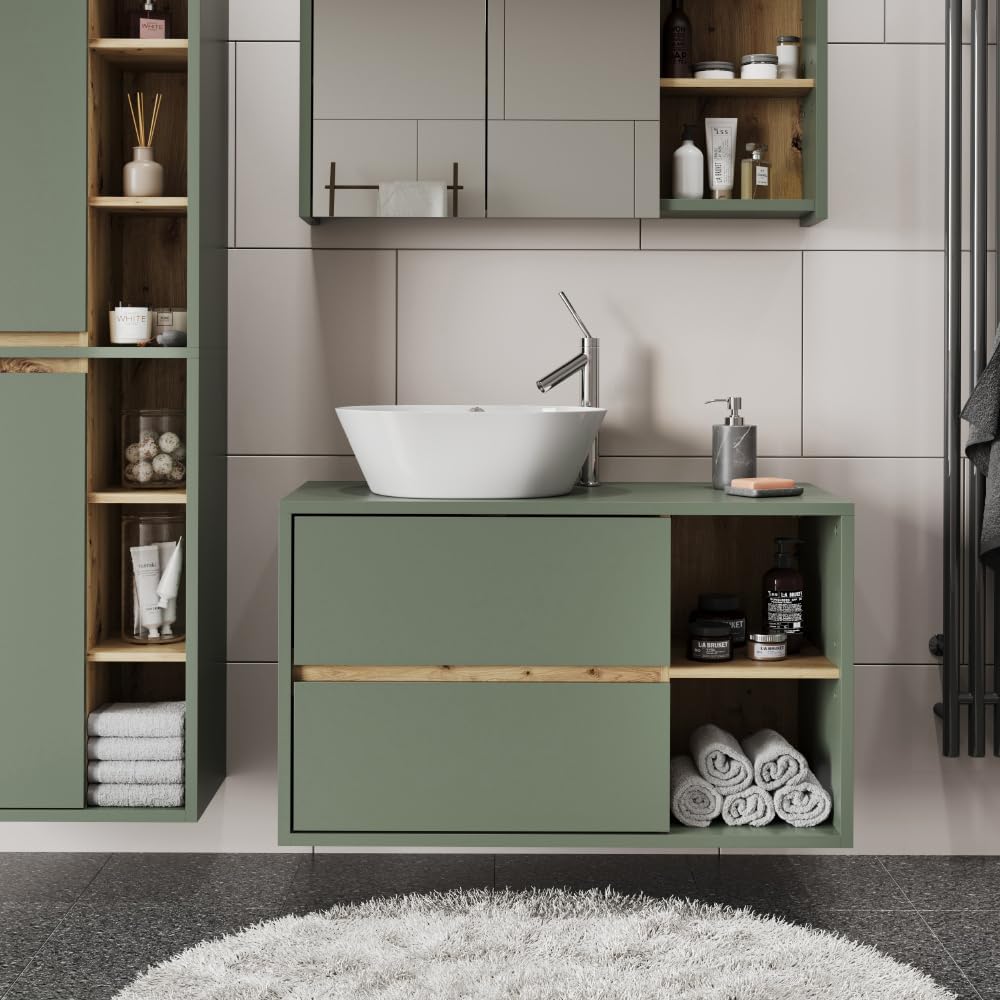 Vicco Meuble sous lavabo Viola, Vert/Artisan, 100x60cm avec 2 tiroirs