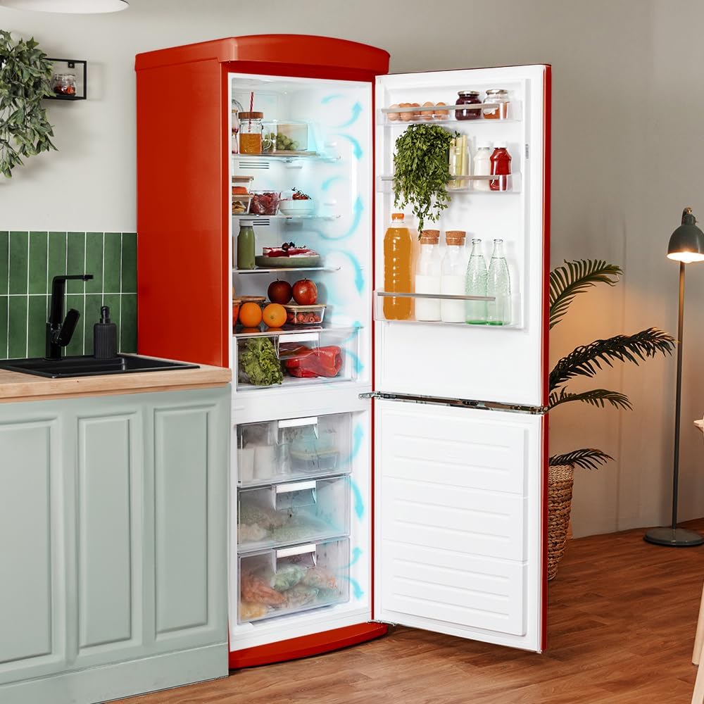 Cecotec Refrigerateur Congelateur Combiné Bolero CoolMarket Combi Origin 250 NF Red E. Réfrigérateur 250L, rouge rétro, No Frost, Multi Air Flow, Fast Cooling, classe E