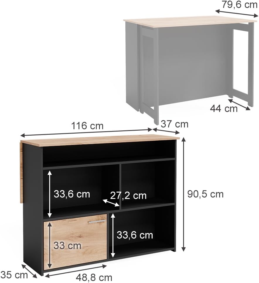Vicco Table de Bar Dominic, Chêne de Force doré/Anthracite, 116 x 37 cm 4X Compartiments Ouverts et 1x Porte