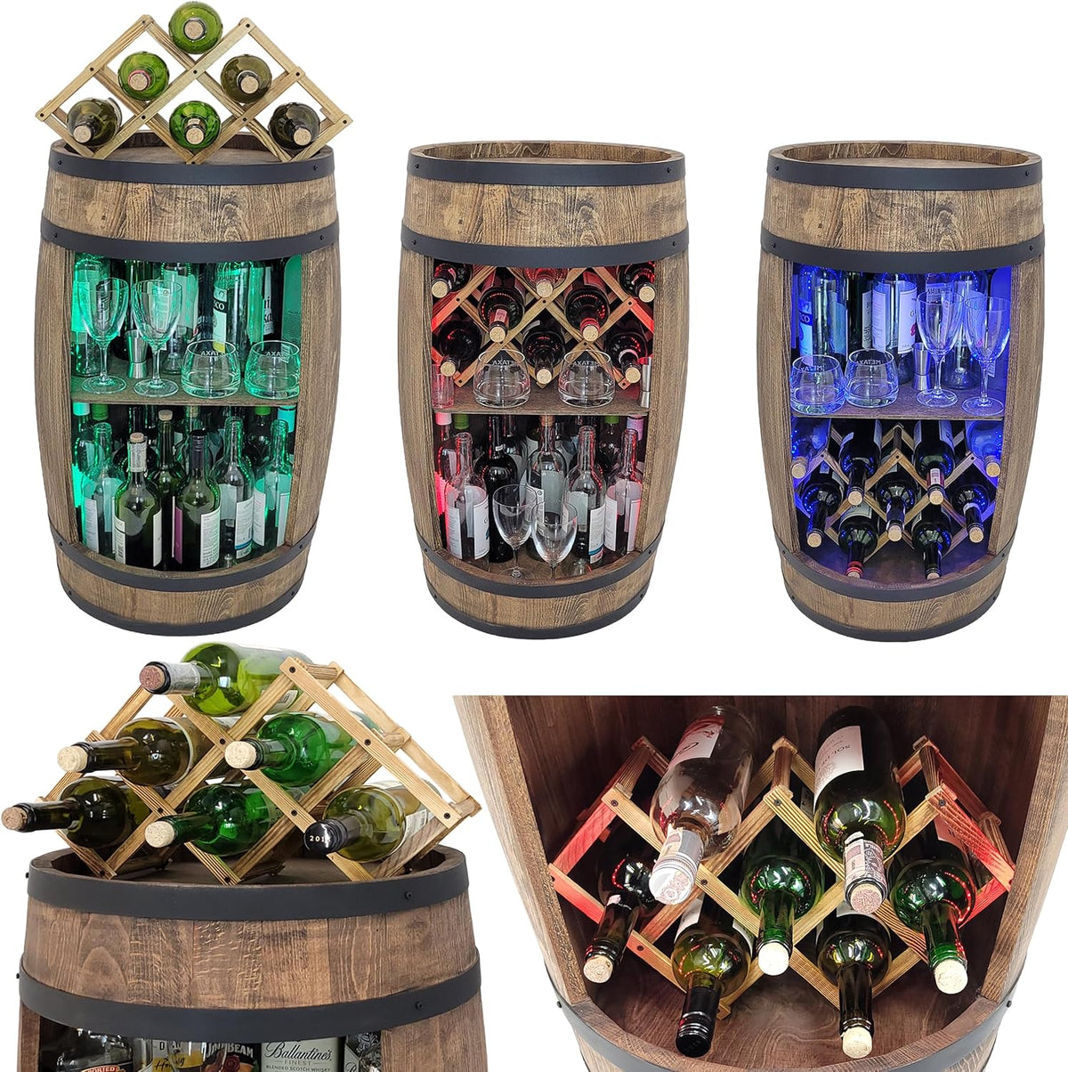 weeco Tonneau Bar en Bois avec Éclairage LED RGB – Casier à Vin avec 2 Étagères et Porte-Bouteilles – Bar Meuble Rustique – 80x50cm – Marron Foncé