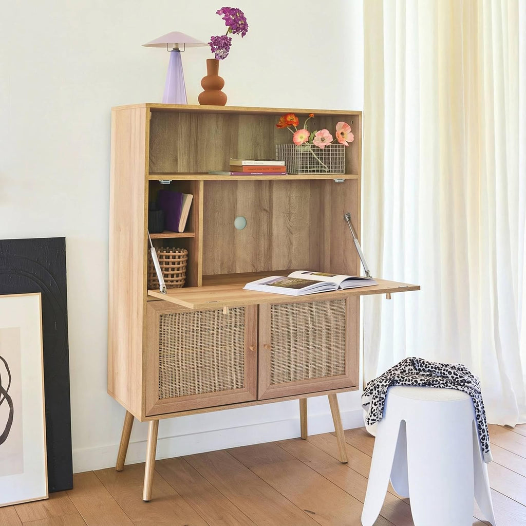 sweeek - Bureau secrétaire. 2 Portes en cannage. étagères. décor Bois. Pieds en Bois de Sapin