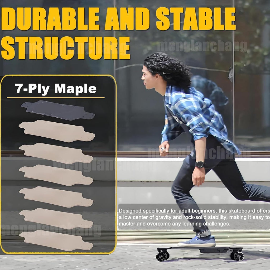 menglanchang Longboard éLectrique avec TéLéCommande:Vitesse Maximale 20/25Km/H,Autonomie 8/15/22/30km,4 Vitesses,Roues Absorbant Chocs Et PoignéE Transport,Skateboard éLectrique pour Campus,Ville 8km