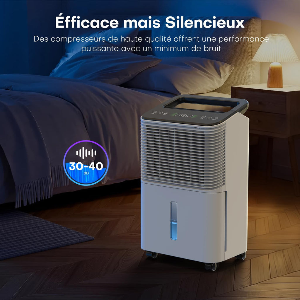 Deshumidificateur d air 16L/jour, Déshumidificateur de Chambre Ultra-silencieux, Contrôle Central Intelligent, Mode AUTO, Indicateur d'humidité, Minuterie 24H, Plus Puissant, Plus Efficace