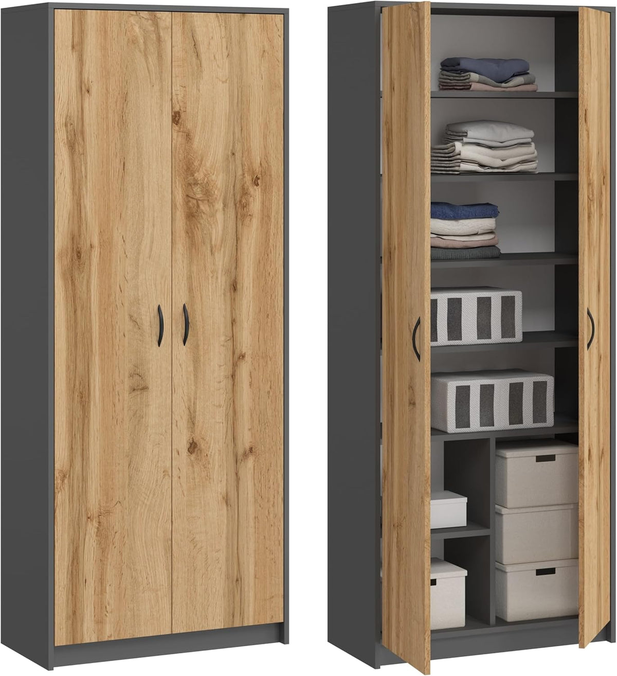 Armoire Wotan multi-usages 2 portes 8 compartiments - Bibliothèque - Bureau - Ménage - 180 x 74 x 35 cm (graphite/chêne)