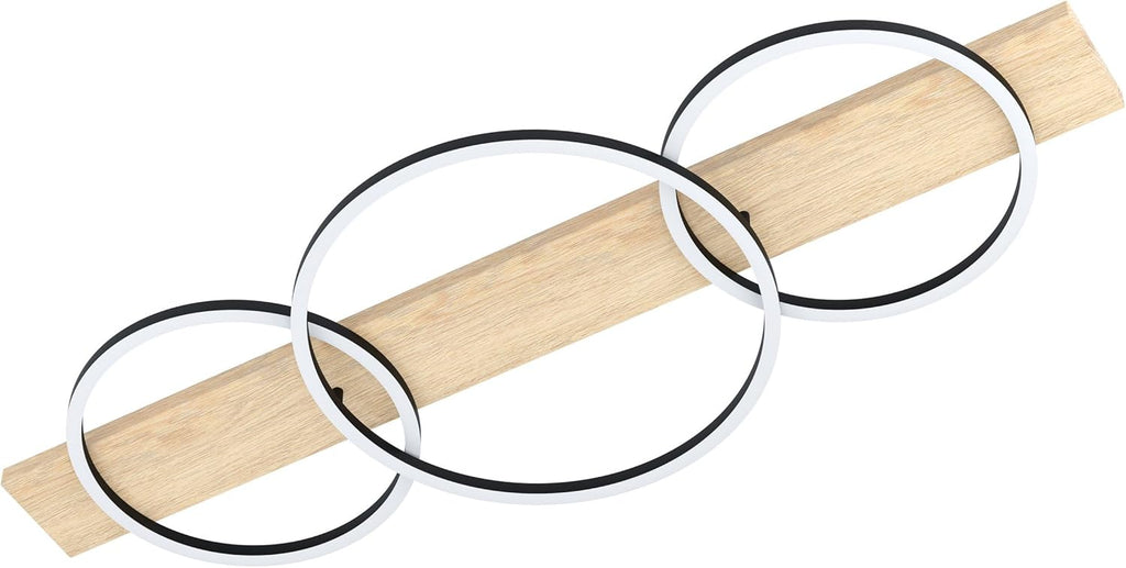 Eglo Plafonnier LED Boyal à 3 flammes, luminaire intérieur en bois, métal et plastique, lampe de plafond pour salon et couloir, blanc chaud, 101 cm