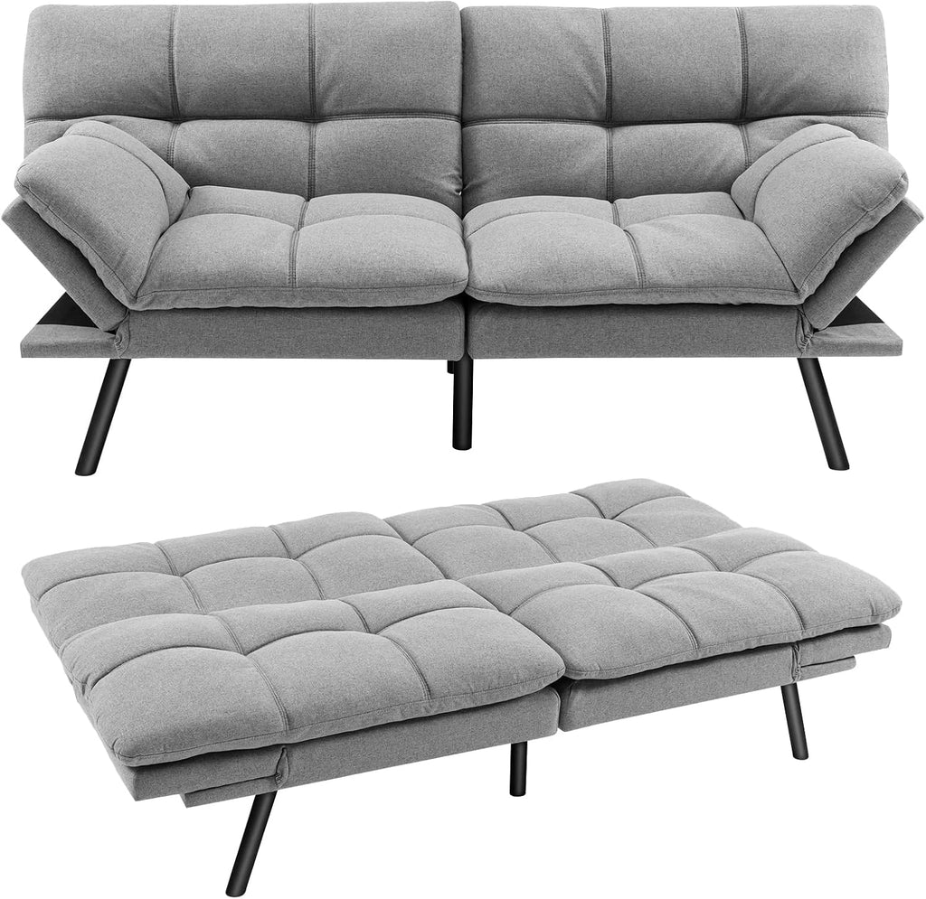 COSTWAY Canapé-Lit Convertible 5 en 1 avec Dossier et Accoudoirs Réglables, Canapé Futon 3 Places en Mousse à Mémoire, Pieds Métalliques, pour Petits Appartements, Salon, Bureau, Charge 273 kg (Gris)