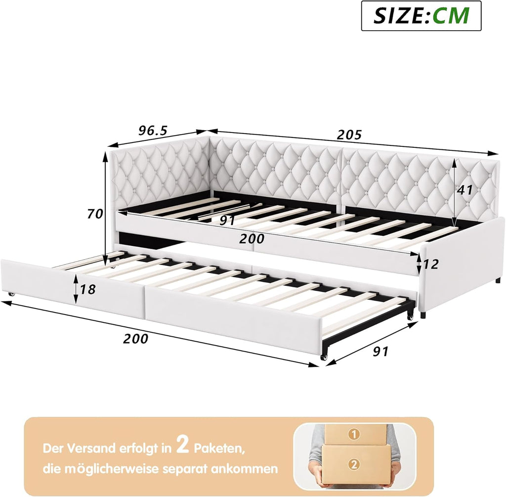 JYCRA Lit gigogne 90/180x200 cm,canapé lit 90x200 cm,Extensible,avec sommier à Lattes en Bois,Dossier Confortable avec Finition en Losange,Tissu en Velours Beige