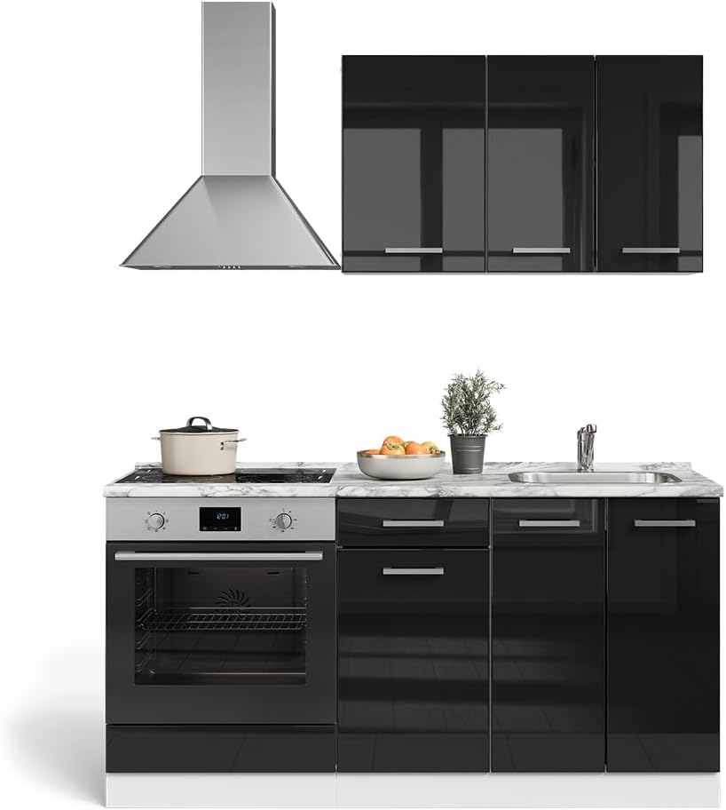 Vicco Cuisine R-Line, Noir Brillant/Blanc, 160cm avec Meuble Four encastrable avec Plan de Travail