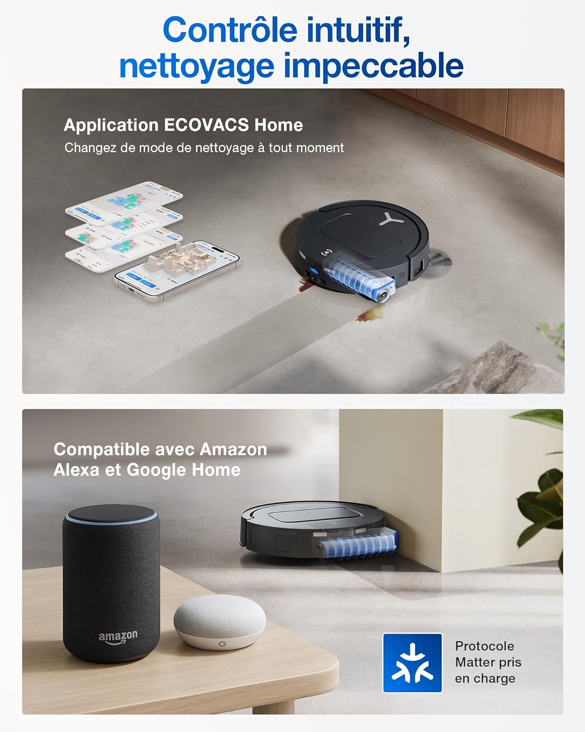 ECOVACS DEEBOT T80 Omni Robot Aspirateur Laveur, 18 000 Pa, Nettoyage Automatique instantané OZMO Roller, ZeroTangle 3.0, Lavage à l'eau Chaude 40-75 ℃, Séchage à air Chaud, Noir