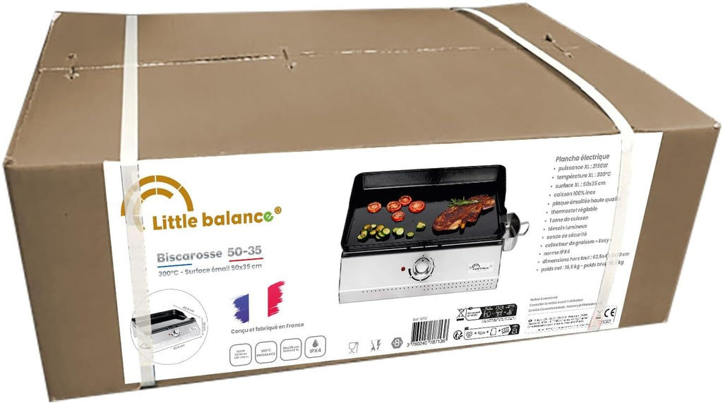 LITTLE BALANCE 8713 Biscarosse 50-35, Plancha électrique, Plaque de cuisson Fonte émaillée XL, 2150 W, Fabrication 100 française, Inox