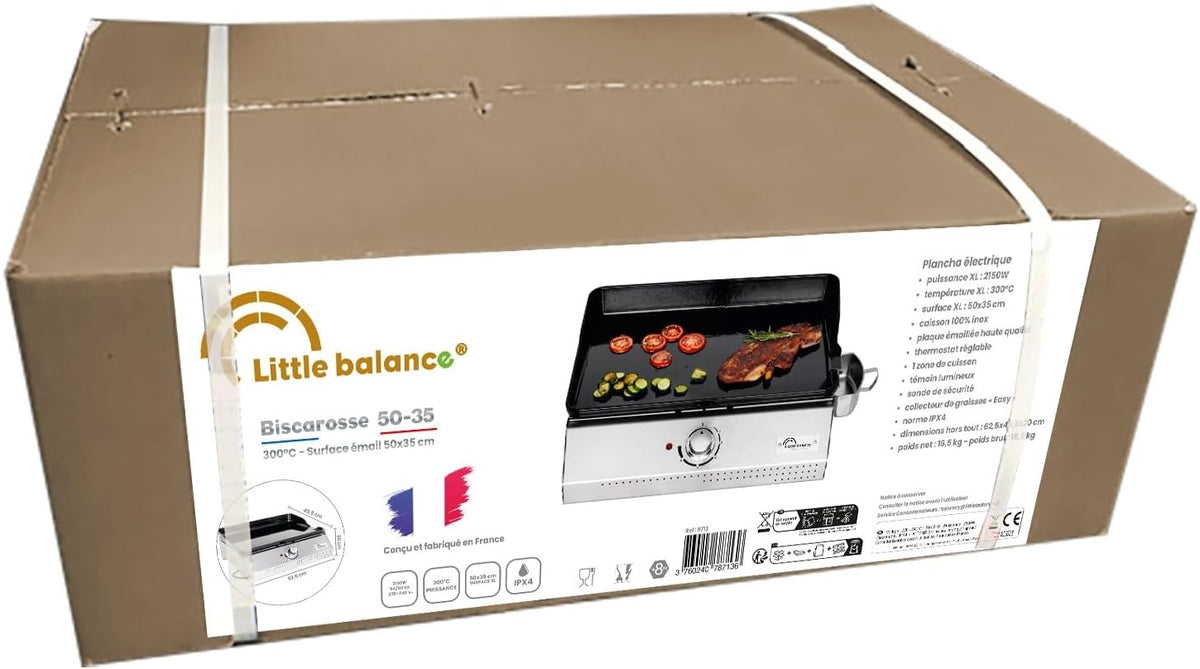 LITTLE BALANCE 8713 Biscarosse 50-35, Plancha électrique, Plaque de cuisson Fonte émaillée XL, 2150 W, Fabrication 100 française, Inox