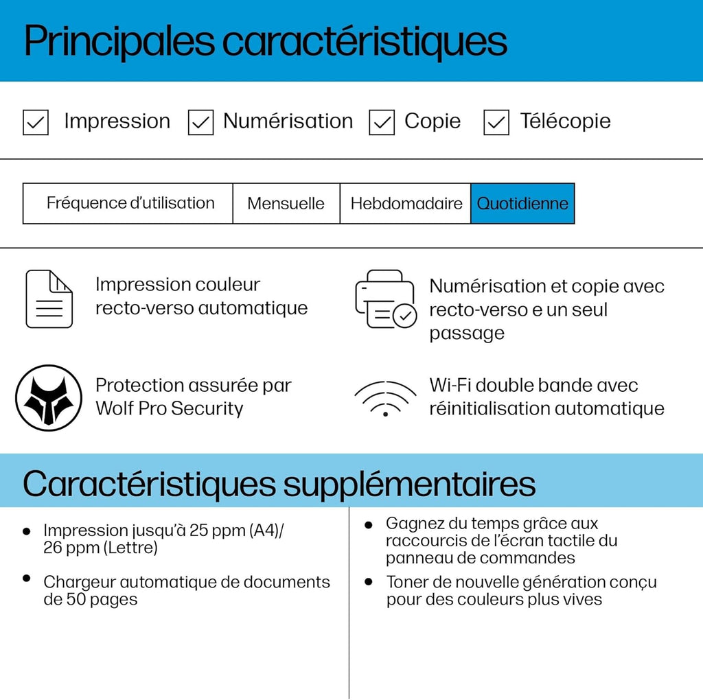 Color Laserjet Pro 3302fdw, 499Q8F, Imprimante Multifunction A4, Recto/Verso Automatique Couleur, 25 ppm, USB, Wi-FI, Fax, Copie, ADF, Smart, Bleue
