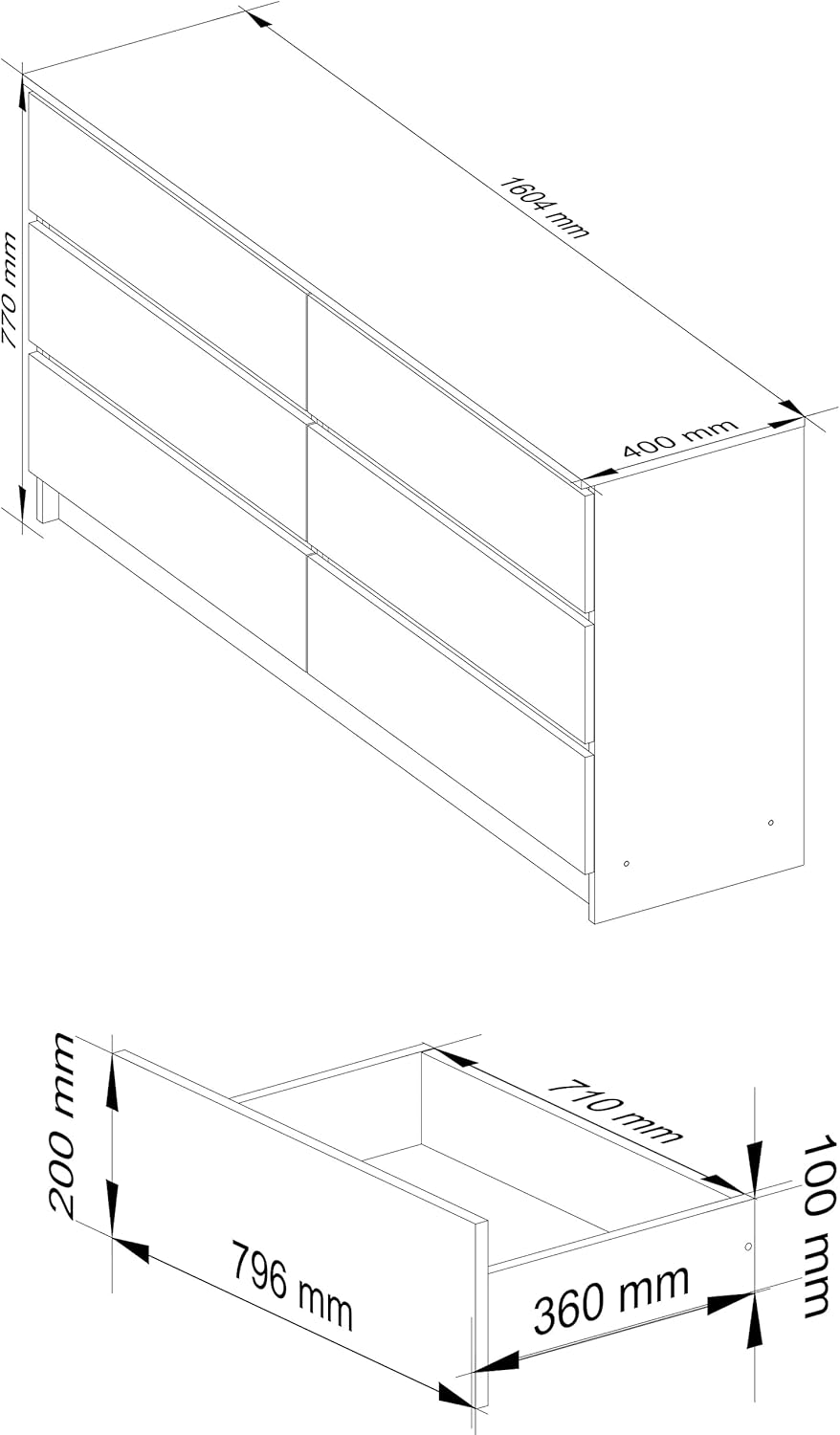 AKORD Commode K-160 avec 6 Tiroirs | Commode Classique pour La Chambre, Salon | Meuble de Rangement | L160 x H77 x P40 cm, Poids 70 kg