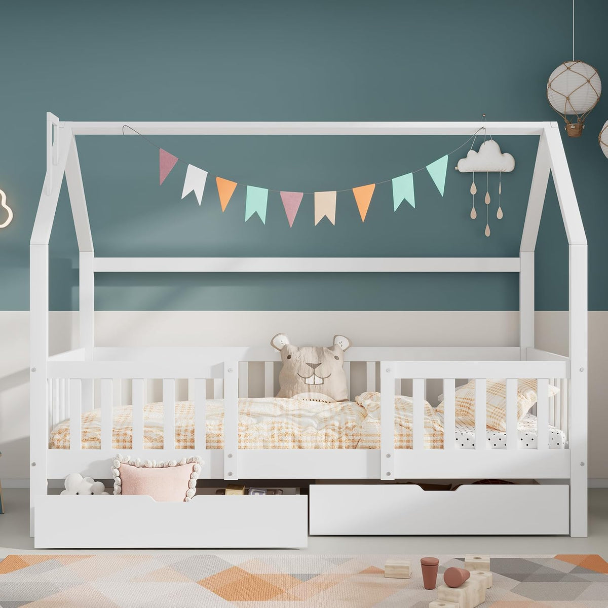 Merax Lit de Maison 90 x 200 cm, sommier à lattes en bois, tiroirs, chambre enfant