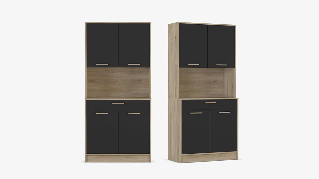 Buffet Industriel 4 Portes 1 Tiroir 1 Grande Niche Résistant à l'eau et Idéal Micro-Onde - Coloris Bois Clair et Noir - 83,3x40x176,1 cm