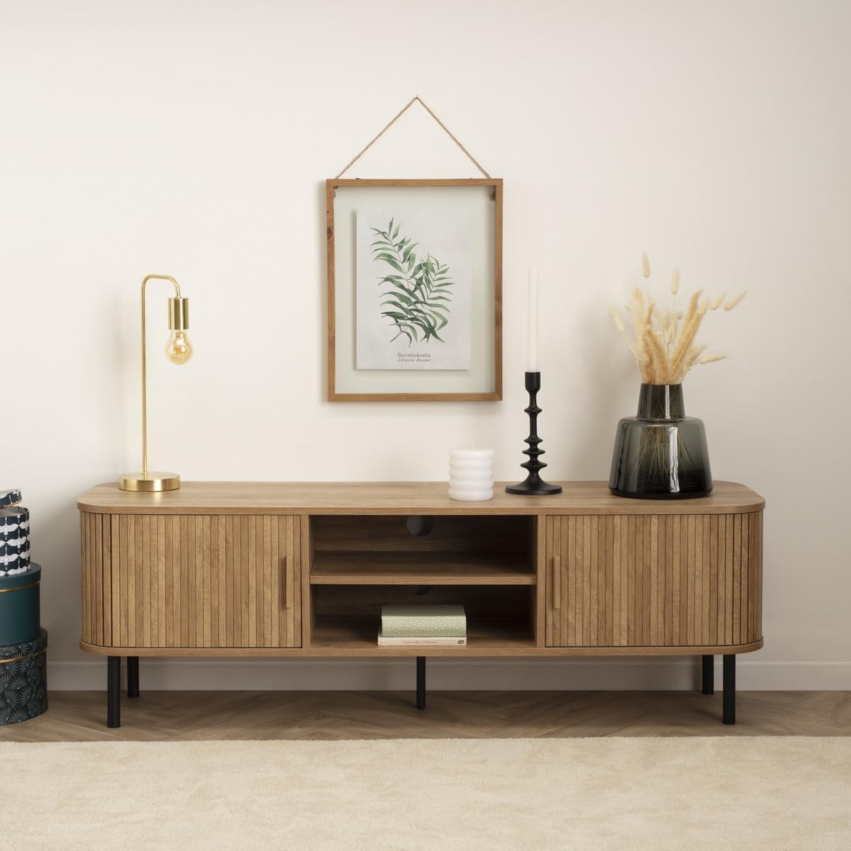 Atmosphera Créateur d'Intérieur - Meuble TV Colva 2 Portes Coulissantes - Étagère Ajustable - Rangement 4 Cases pour Salon, Chambre - H46 x L140cm