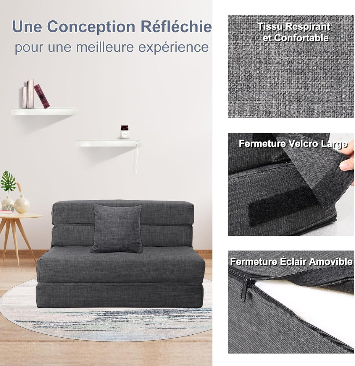 ANONER Canape Lit 1 Place, Canapé de Sol Convertible en Mousse à Mémoire de Forme & Oreiller, Canape Une Place Lit pour Chambre Salon, Matelas Pliant Sofa Gris Foncé