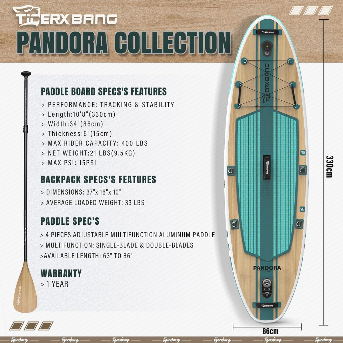 TIGERXBANG Planche SUP Board Up Paddling 330 x 86 x 15 cm avec accessoires gonflables de qualité supérieure, planches à pagaie extra larges pour adultes et enfants, collection Pandora