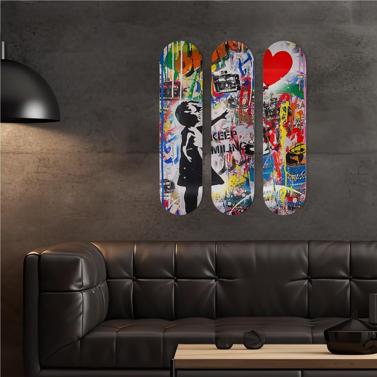 SUPER FABRIQUE Planche Alu forme Skate Board pour décoration murale, Keep Smiling inspired by Mr Brainwash, pour une déco originale (3 Planches)