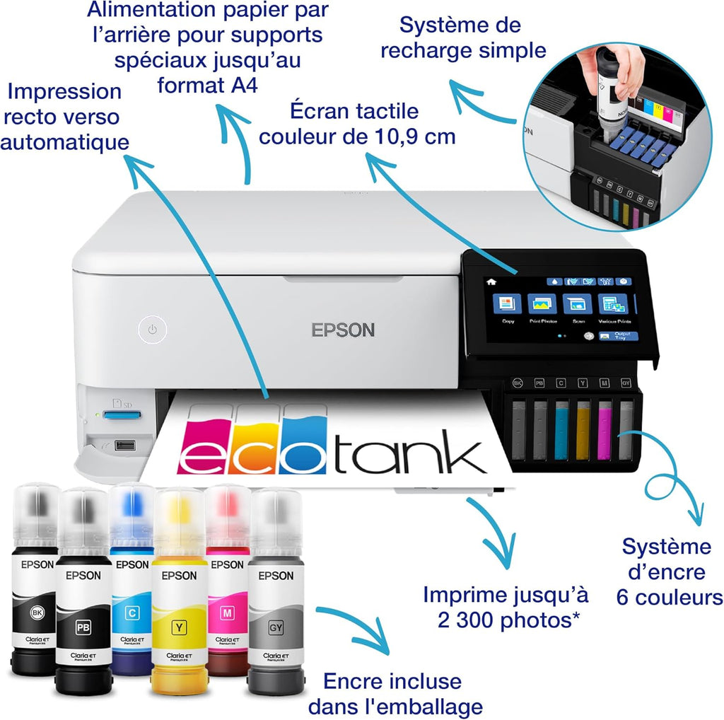 Imprimante photo A4 EcoTank ET-8500 avec réservoir d’encre et Wi-Fi