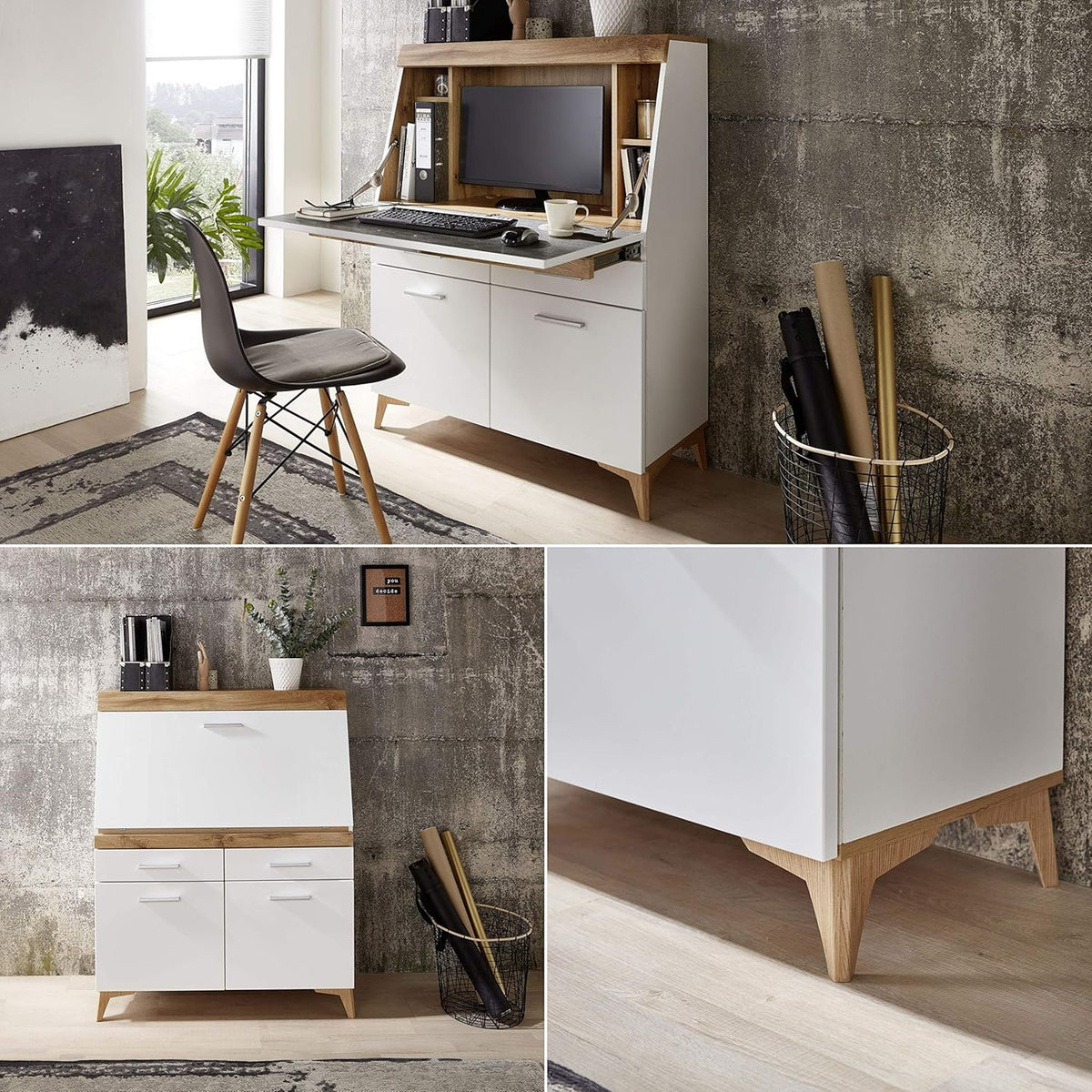 Stella Trading Secret Secrétaire de Bureau tiroirs, Bois d'ingénierie, Blanc Mat/Chêne Vieilli, 98 x 124 x 42 cm