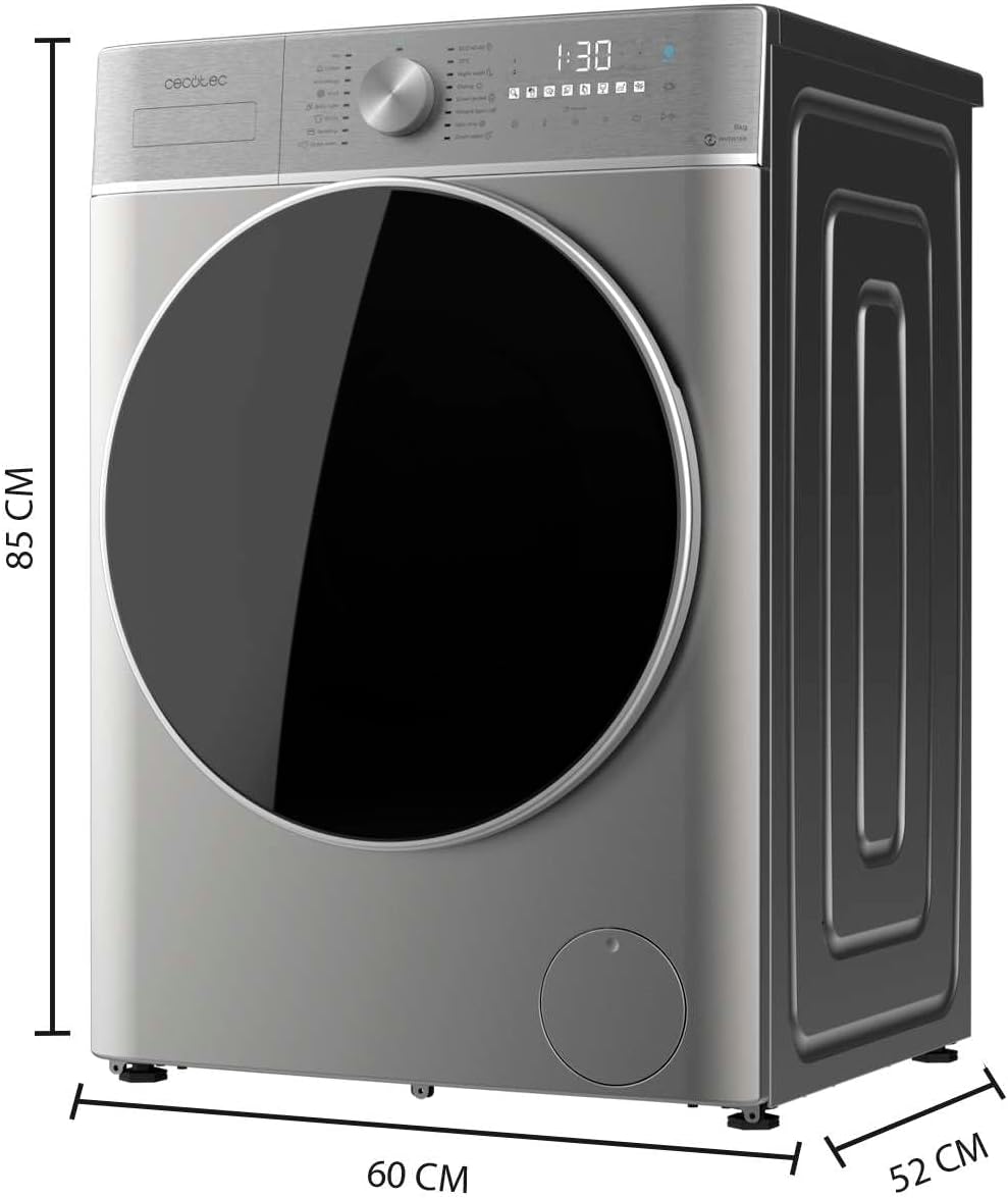 Cecotec Lave-linge Séchant 8-5Kg Bolero Wash&Dry 8590 Inverter Steel 1400RPM, 16 Programmes, Inverter Plus, Lavage à la Vapeur, Lavage et Séchage Intelligents, Stérilisation, Joint Antibactérien