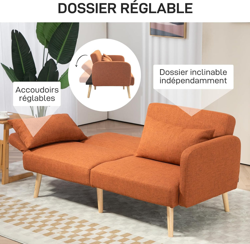 HOMCOM Canapé Convertible 3 Places, canapé-lit 2 Places, Dossier inclinable et accoudoirs réglables, clic clac en Tissu Effet Lin, Pieds en Bois Massif, 2 Coussins lavables, Marron