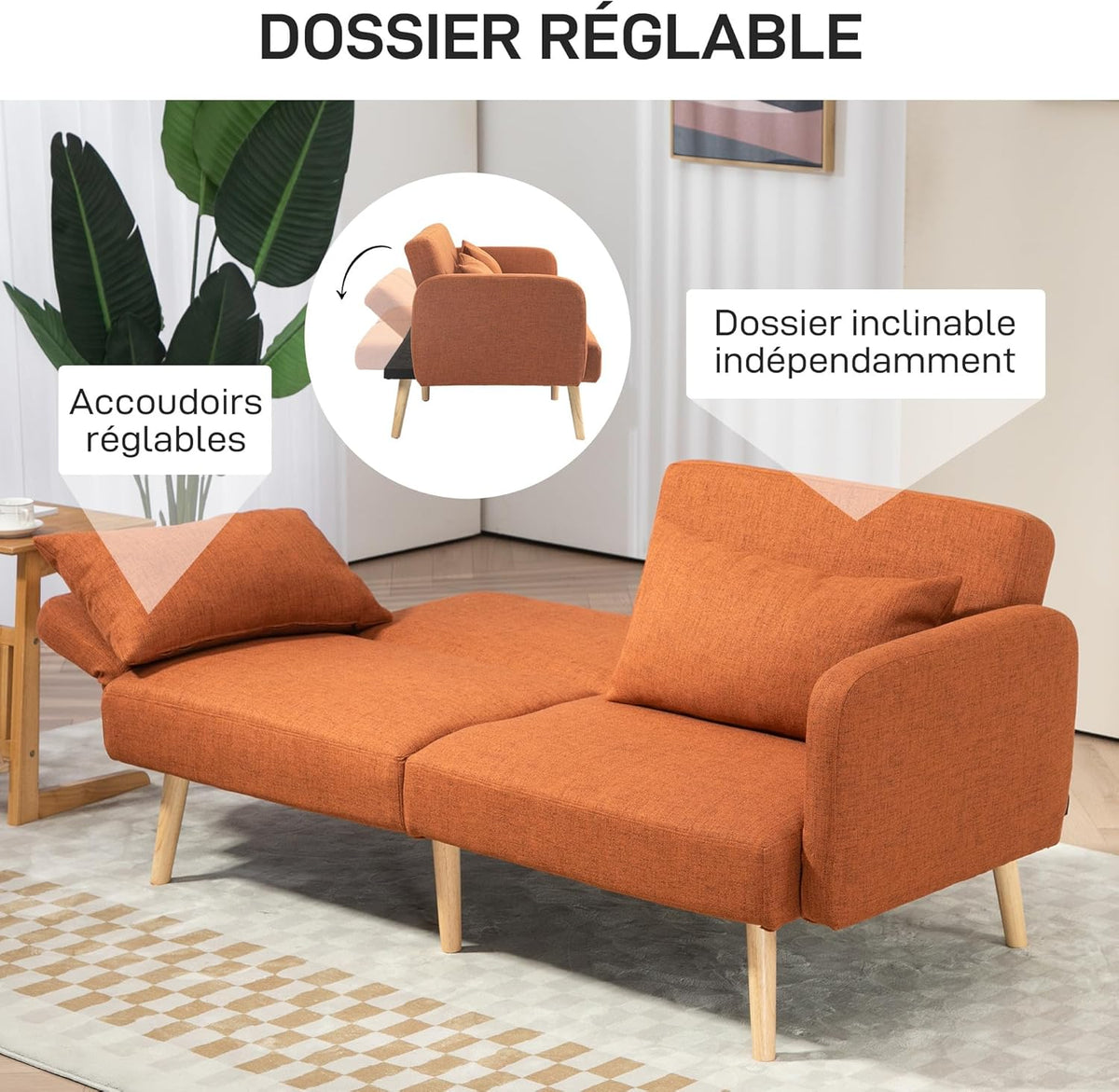 HOMCOM Canapé Convertible 3 Places, canapé-lit 2 Places, Dossier inclinable et accoudoirs réglables, clic clac en Tissu Effet Lin, Pieds en Bois Massif, 2 Coussins lavables, Marron
