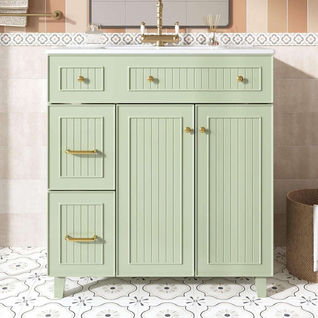 KOMHTOM Meuble de Salle de Bain avec, 2 Tiroirs, Poignée Métal et Étagère - 82 x 47 x 90cm Lavabo Simple Moderne - Armoire de Rangement en Bois (Vert)