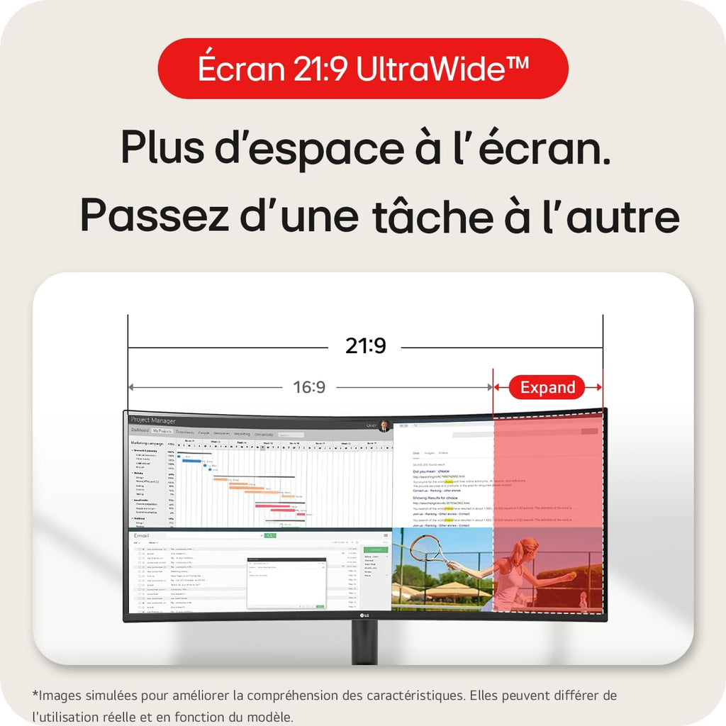 LG UltraWide 34WR50QK-B Ecran PC Ultra Large 34" - Dalle VA résolution QHD (3440 x 1440), 5ms GtG 100Hz, HDR 10, sRGB 90 pour cent (CIE1931), inclinable, Mode Portrait