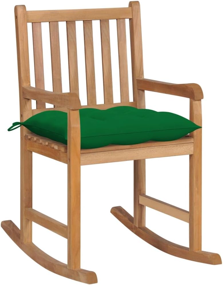Makastle Fauteuil à Bascule Rocking Chair intérieur extérieur, Chaise Berçante à Balcon Jardin, Chaise a Bascule Fauteuil, avec Coussin Vert Bois de Teck Solide