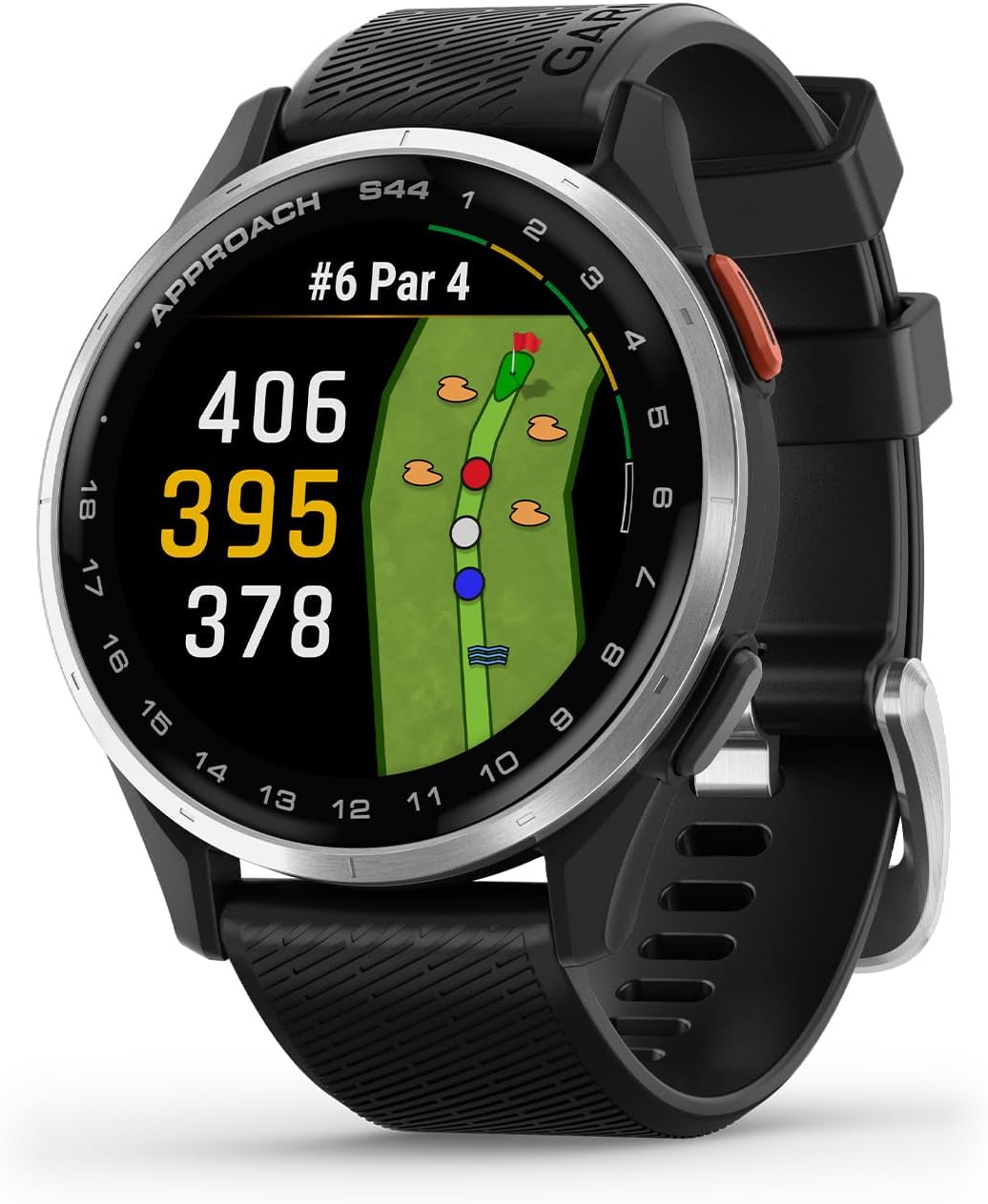 Approach S44 EssentialGPS Smartwatch Écran AMOLED Fonctionnalités sur Le Terrain Lunette en Aluminium argenté avec Bracelet en Silicone Noir