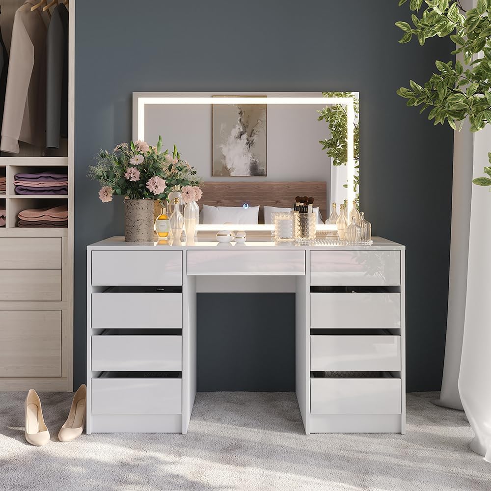 Vicco Coiffeuse Sherry, Blanc/Blanc Brillant, 128.2cm avec Miroir LED