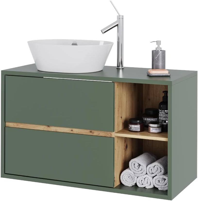 Vicco Meuble sous lavabo Viola, Vert/Artisan, 100x60cm avec 2 tiroirs