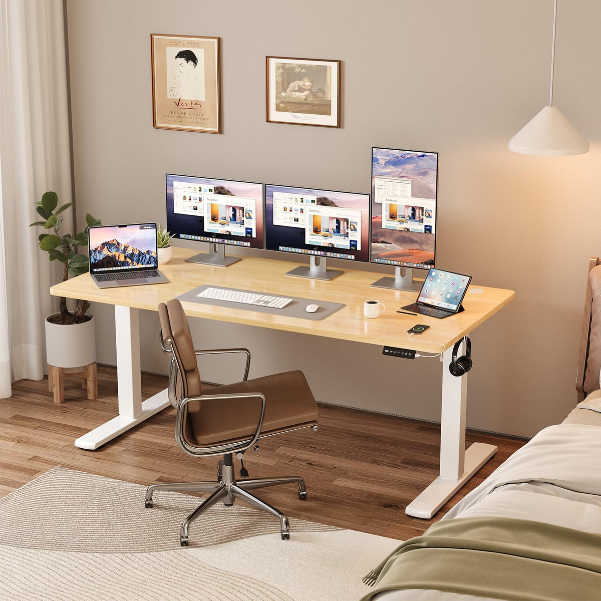 JUMMICO Bureau réglable en Hauteur - Plateau de Table Complet - Réglable en Hauteur - avec Fonction mémoire - 140 x 60 cm - Beige