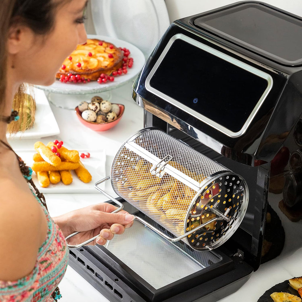 InnovaGoods Air fryer 12L, friteuse sans huile 1800W avec +100 recettes en FR. Friteuse à air avec 8 accessoires, 10 programmes, écran tactile, four à air chaud avec fenêtre et lumière intérieure.