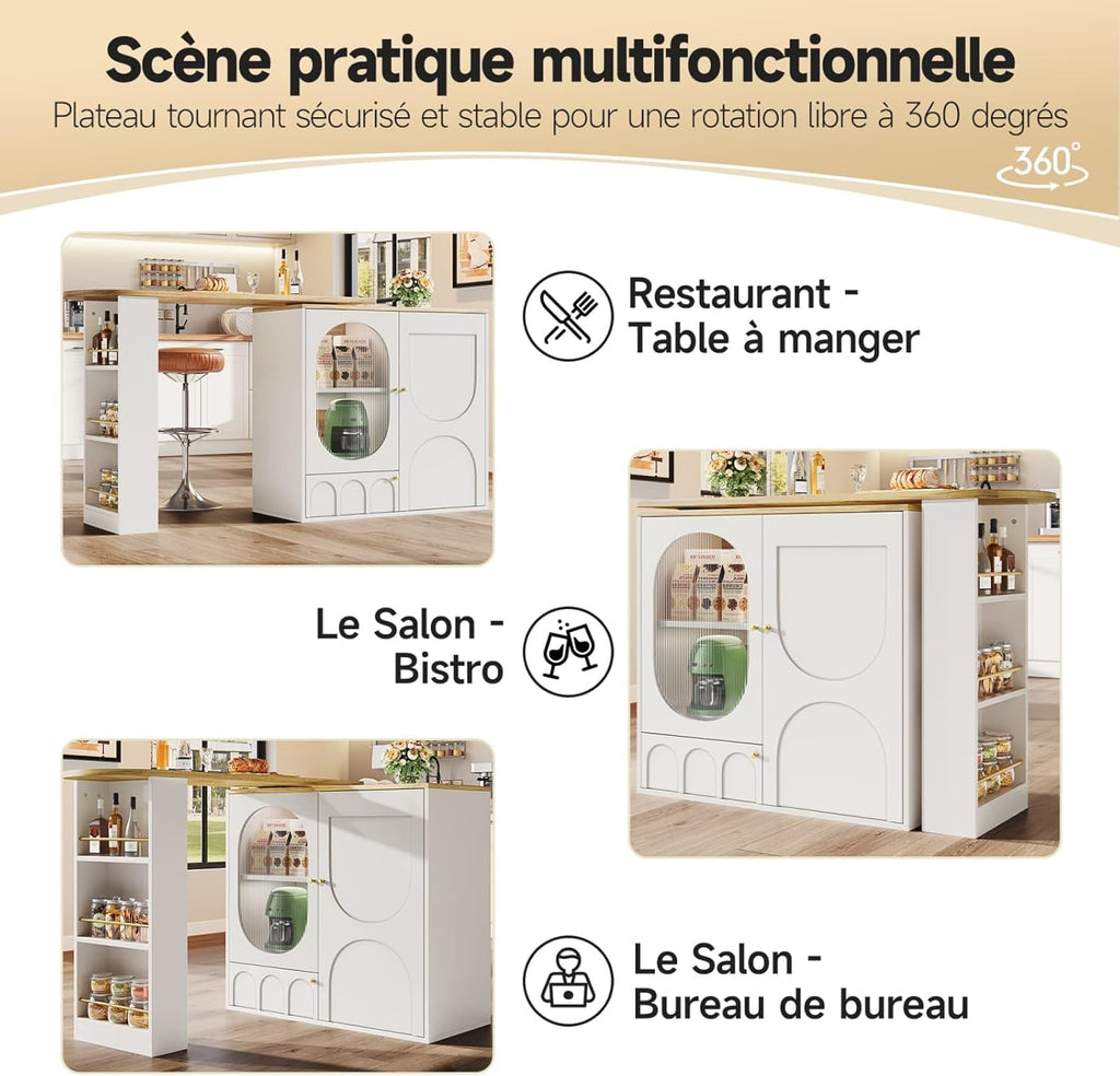 KOMHTOM Table à Manger Pivotante à 360°avec Armoire de Rangement, Meuble de Bar, Bar Cuisine avec 3 Portes et étagères réglables en Hauteur (Blanc)