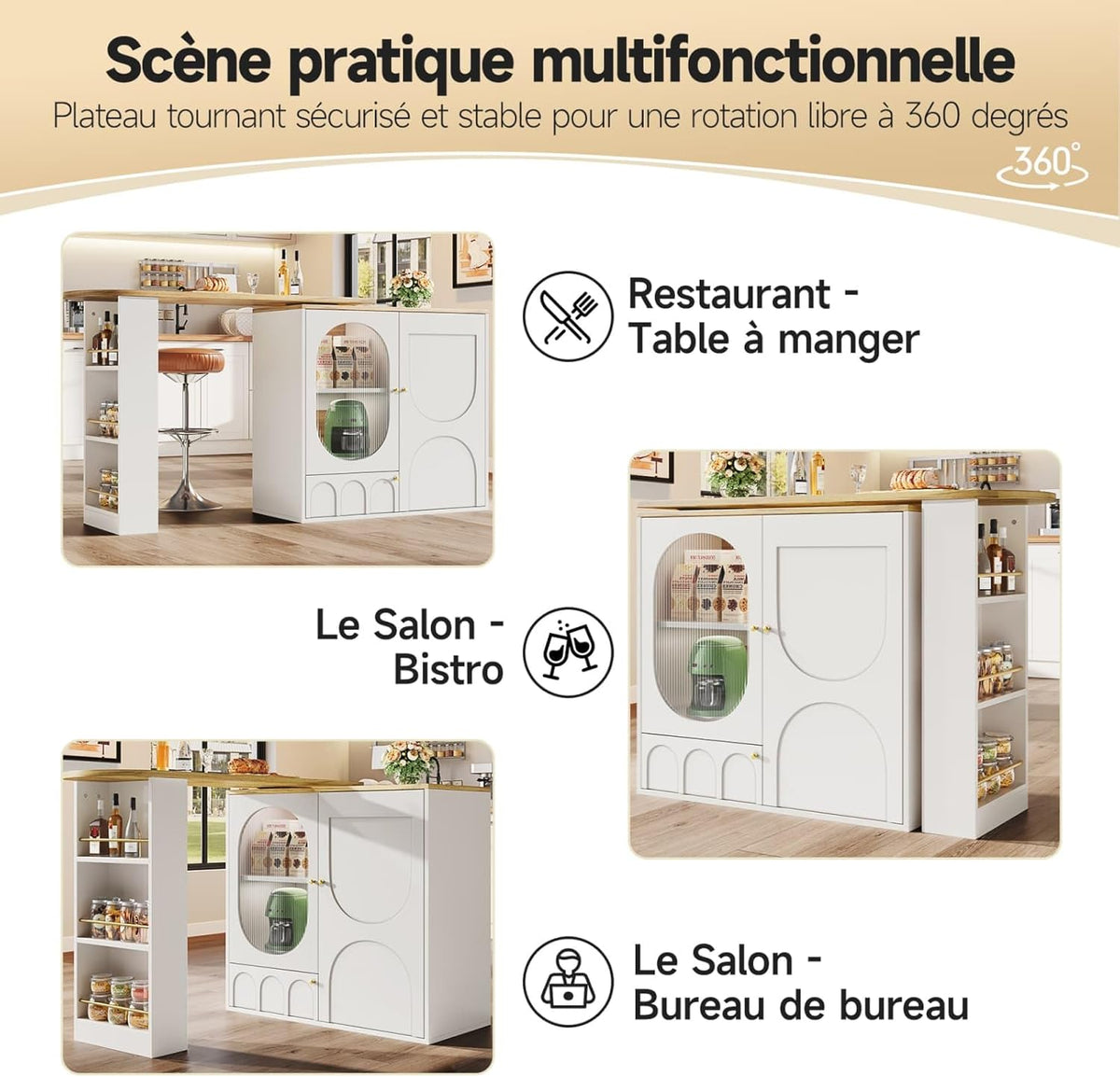 KOMHTOM Table à Manger Pivotante à 360°avec Armoire de Rangement, Meuble de Bar, Bar Cuisine avec 3 Portes et étagères réglables en Hauteur (Blanc)