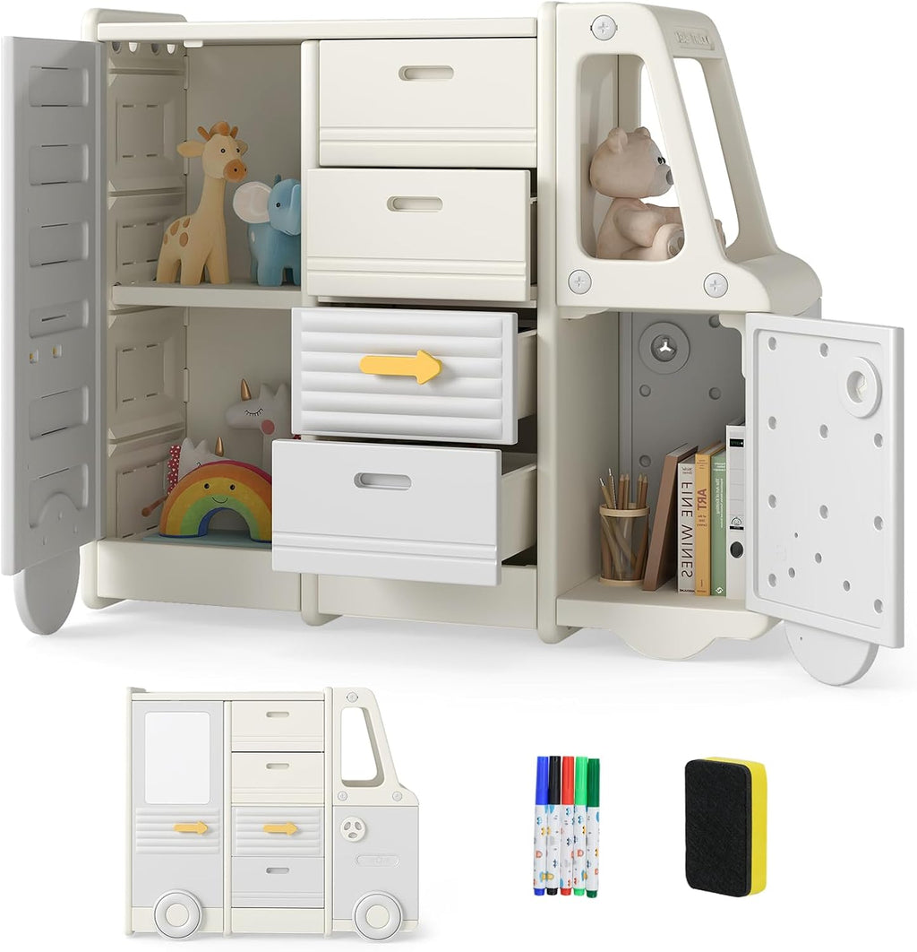 COSTWAY Meuble de Rangement Jouet Enfant en Forme Bus avec 4 Tiroirs & 3 Placards, Étagère de Rangement Jouet en HDPE avec Tableau Blanc, Bibliothèque Enfant de 3 Ans+ pour Salle de Jeux Chambre Salon